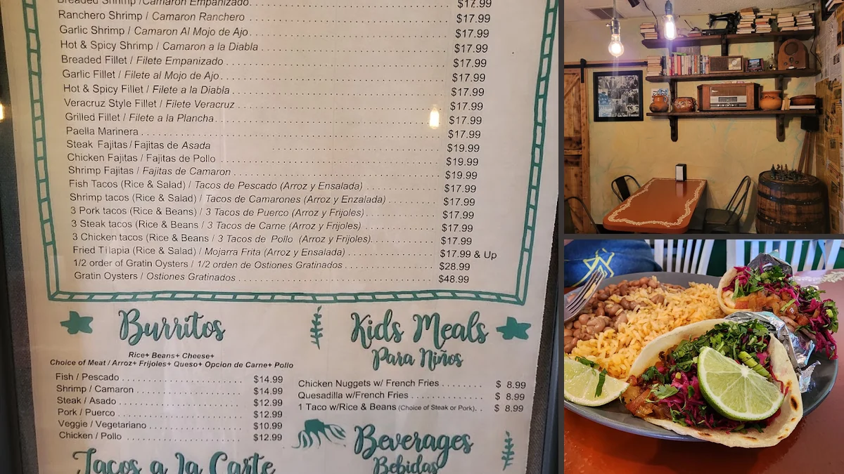 Seafood dishes on a casual restaurant table.