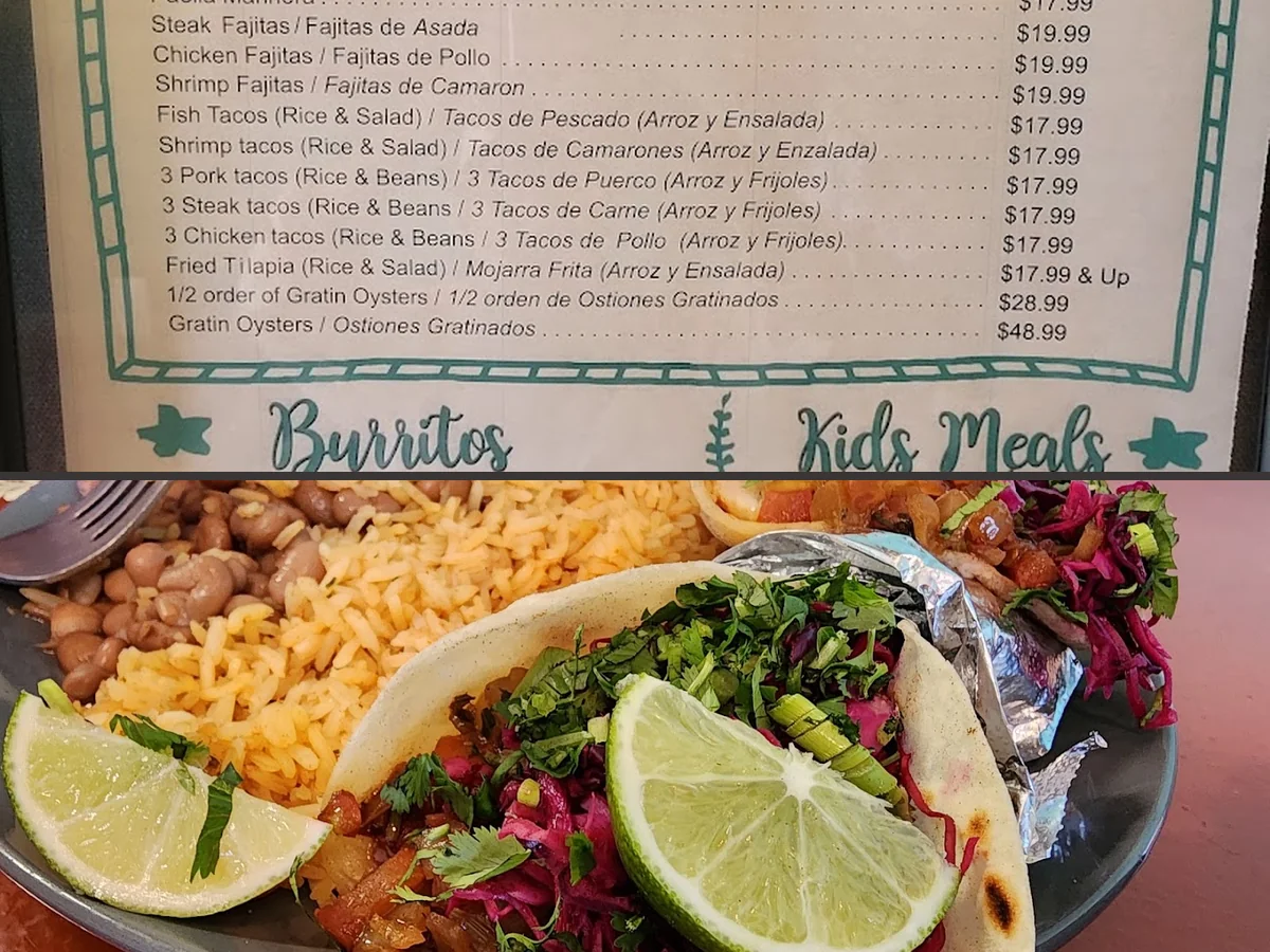 Seafood dishes on a casual restaurant table.